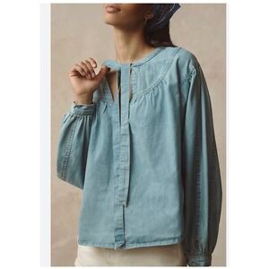 Light Blue Denim Tie-Neck Peasant Blouse